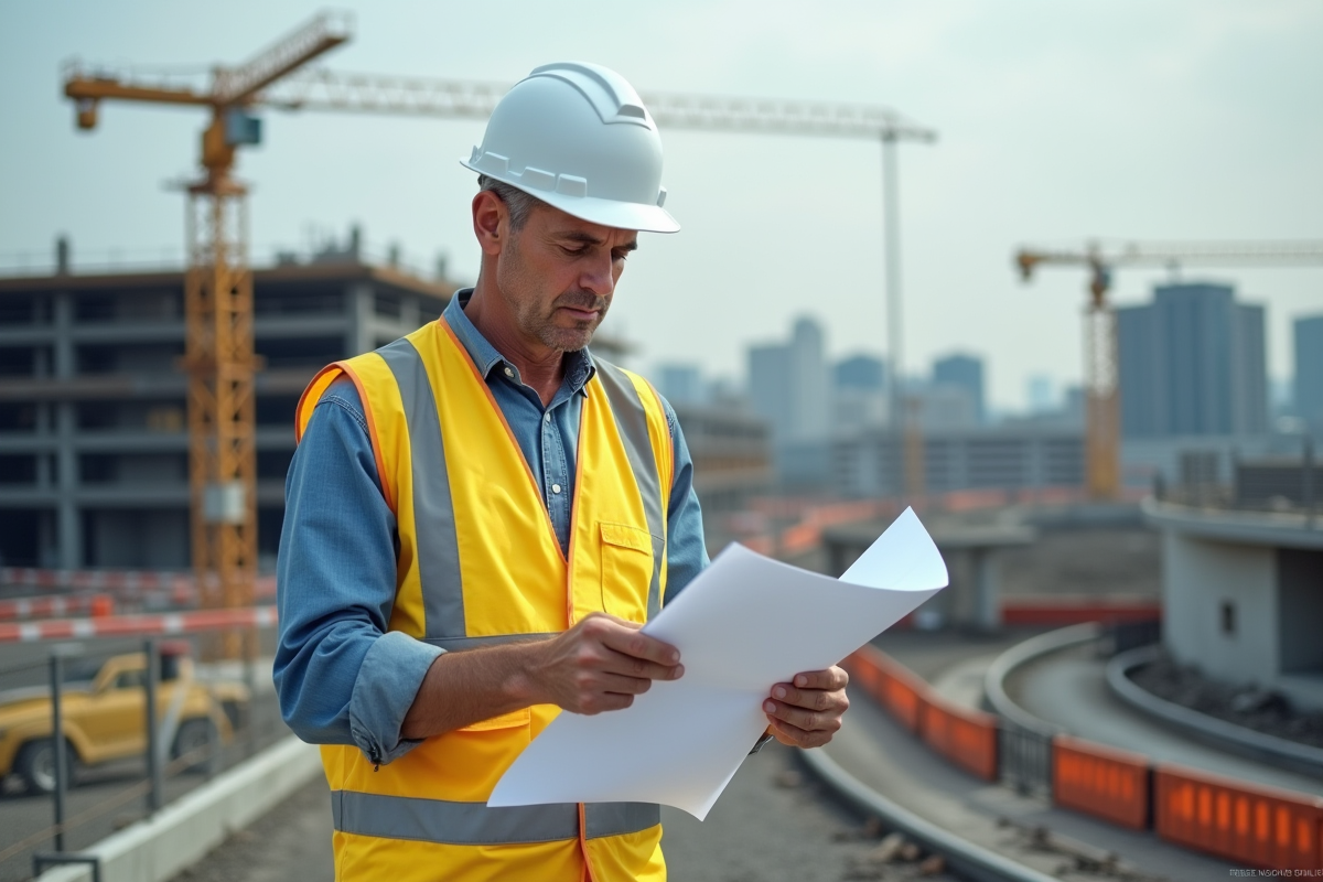Ingénieur en vestiaire réfléchie étudie plans sur site urbain