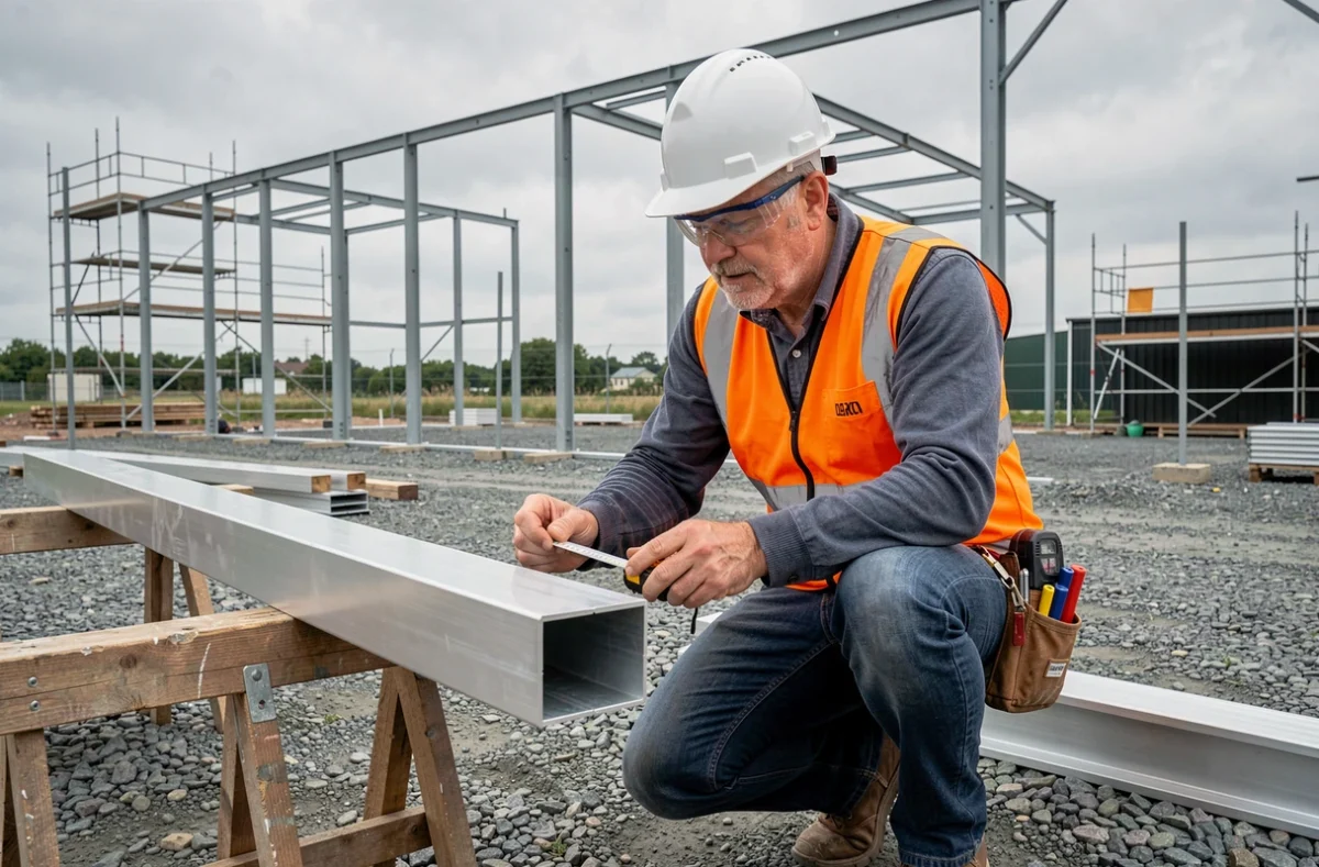 Ingénieur mesurant un tube rectangulaire en aluminium sur un chantier de construction avec une structure métallique en arrière-plan