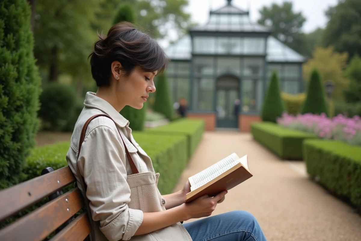 Femme lisant dans le Jardin des Plantes de Toulouse avec la grande serre en arrière-plan