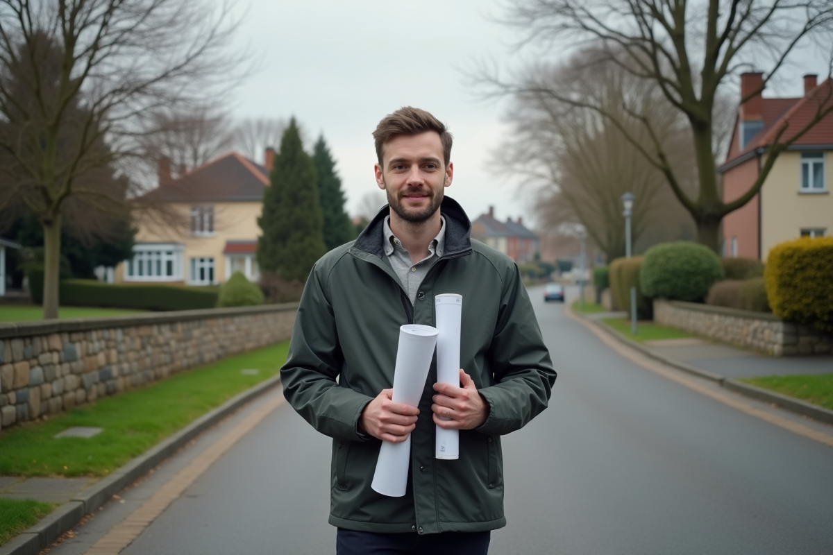 Jeune homme avec plans architecturaux dans la rue