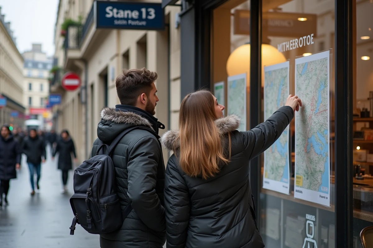 Jeune couple regardant des annonces immobilières à Paris
