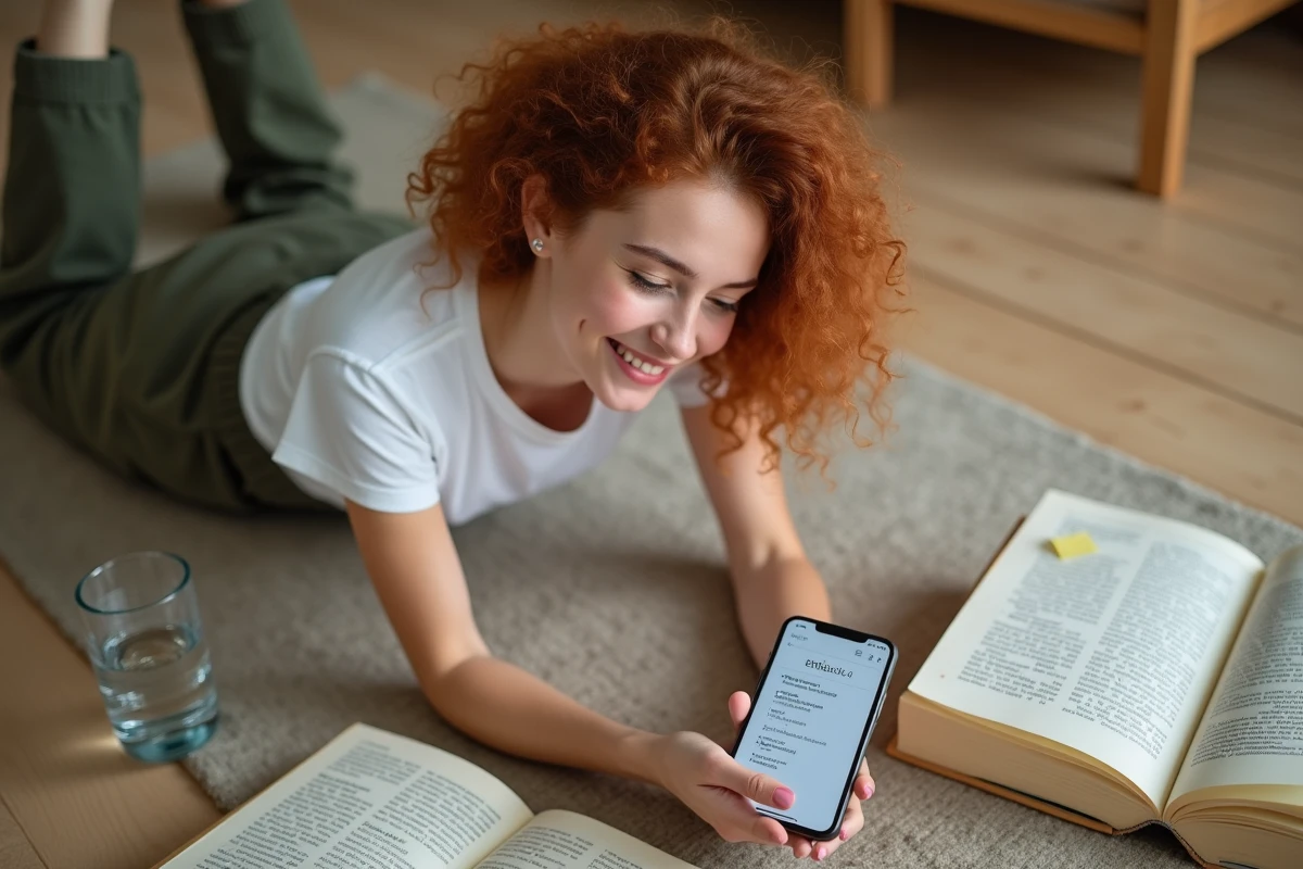 Jeune femme allongée sur le sol consultant une application d'ebooks gratuits sur smartphone entourée de livres