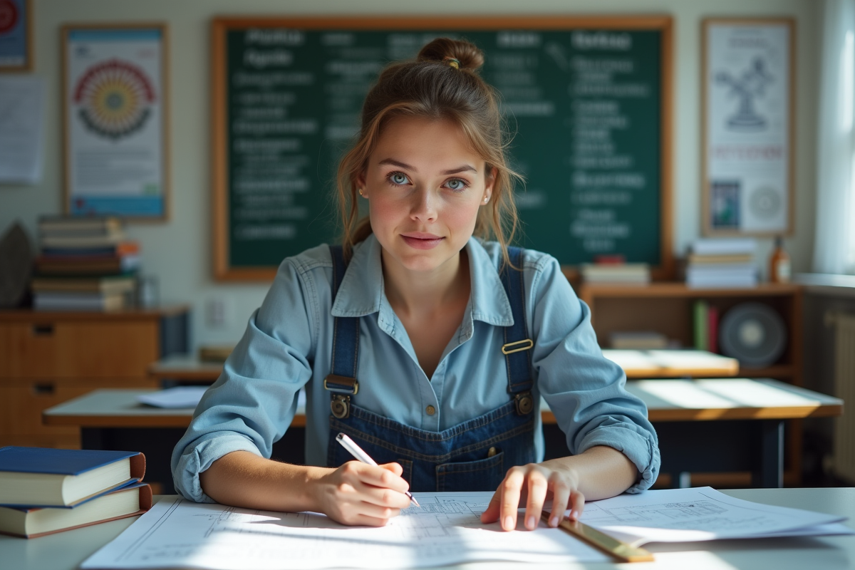Jeune femme en formation regardant des plans dans une salle de cours