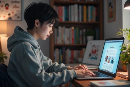 Jeune femme lisant manga sur son ordinateur dans sa chambre