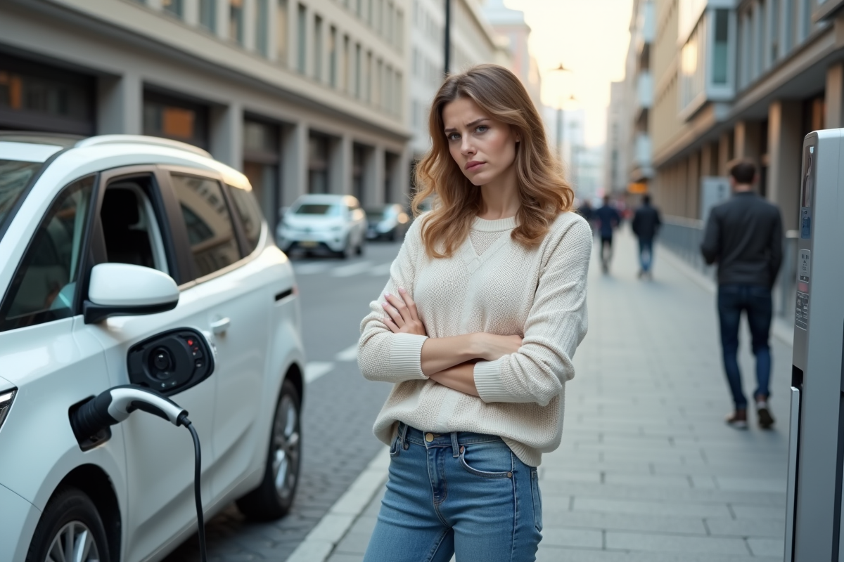 Jeune femme devant une station de recharge hybride en milieu urbain