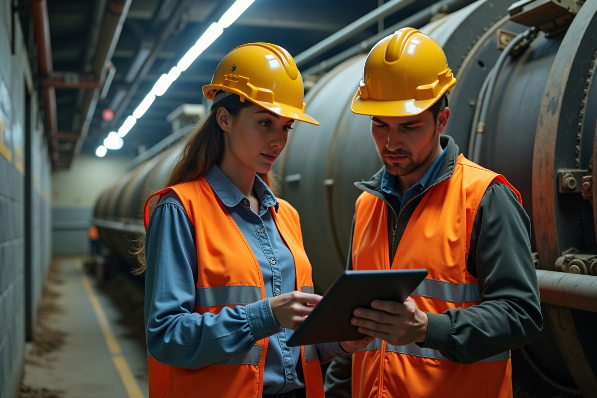 Jeune femme gestionnaire consulte machine tunnel souterrain