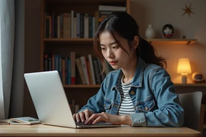 Jeune femme lisant un manga sur son laptop dans sa chambre