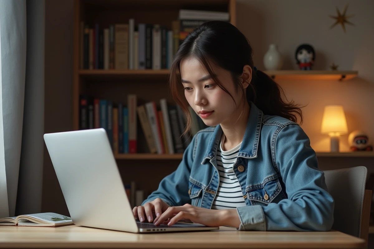 Jeune femme lisant un manga sur son laptop dans sa chambre