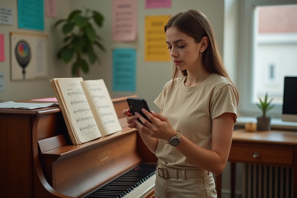 Jeune femme comparant un sonomètre numérique au smartphone dans une salle de musique
