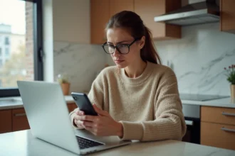 Jeune femme pensant devant son ordinateur dans la cuisine