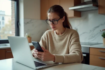 Jeune femme pensant devant son ordinateur dans la cuisine
