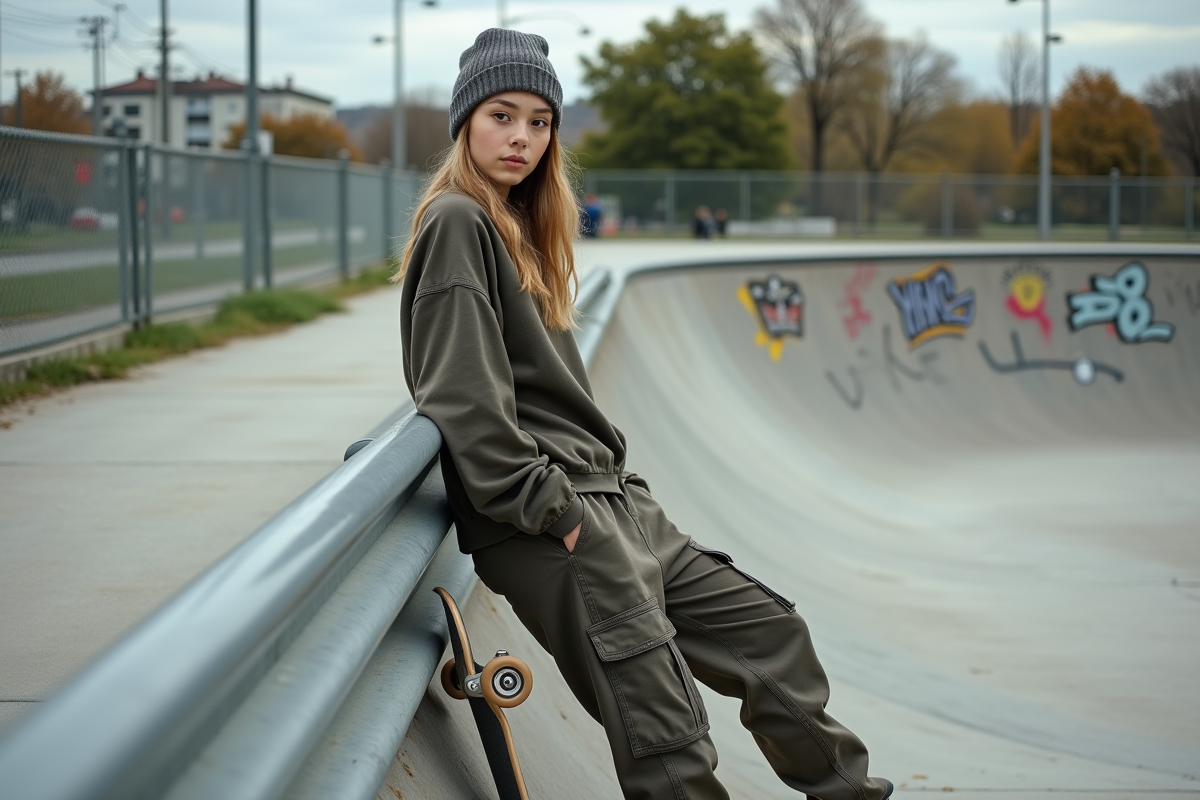 Jeune femme en streetwear au skatepark urbain