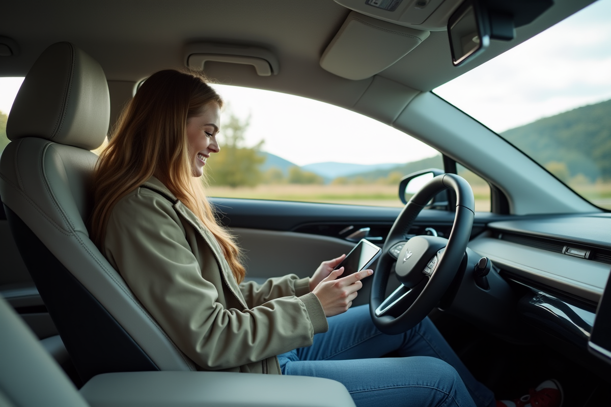 Jeune femme dans une voiture autonome avec tablette
