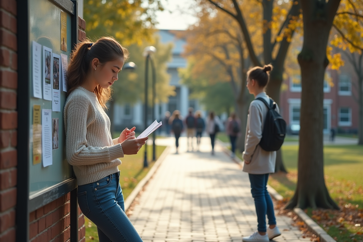 Jeune fille lisant une affiche de bourse à l