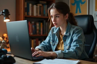Jeune femme concentrée devant son ordinateur gamer