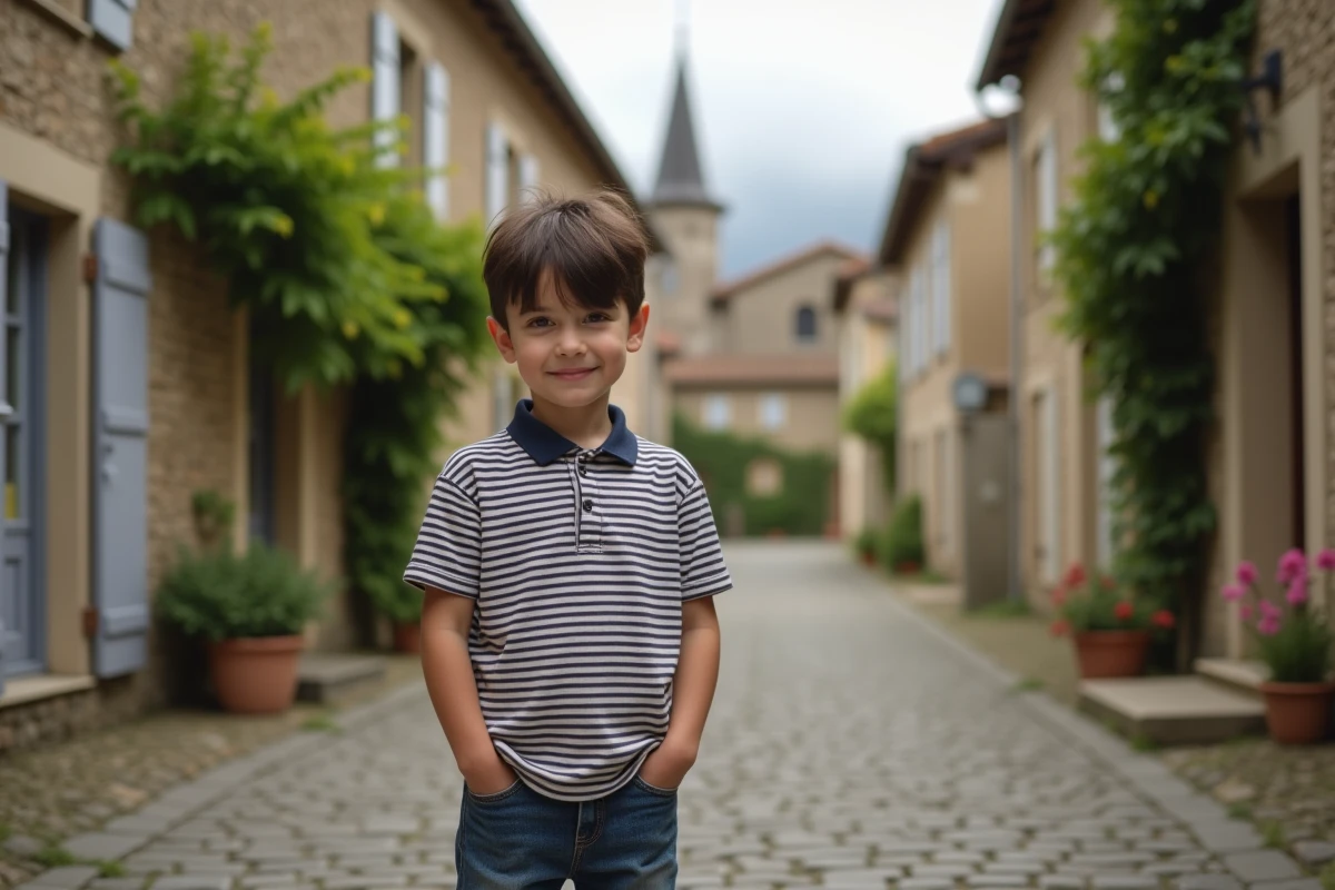 Jeune garçon dans une rue pavée de village français