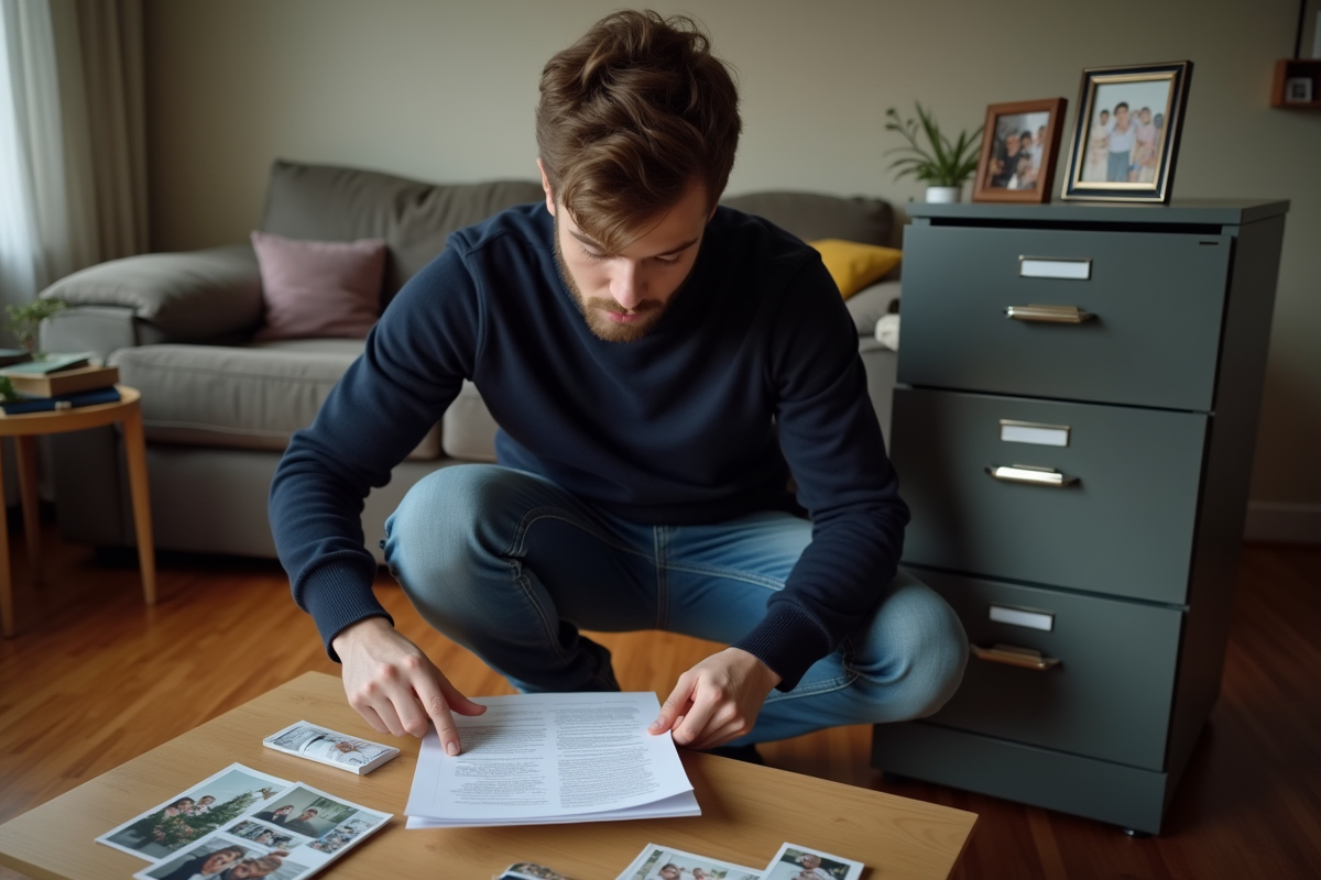 Jeune homme triant des papiers et photos dans un salon
