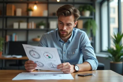 Jeune homme au bureau regardant un graphique de temps