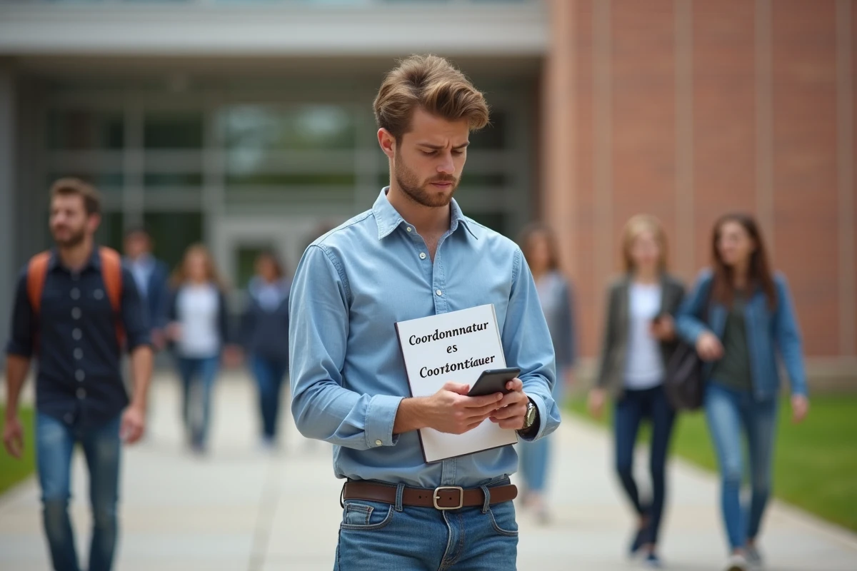 Jeune homme avec smartphone devant universite
