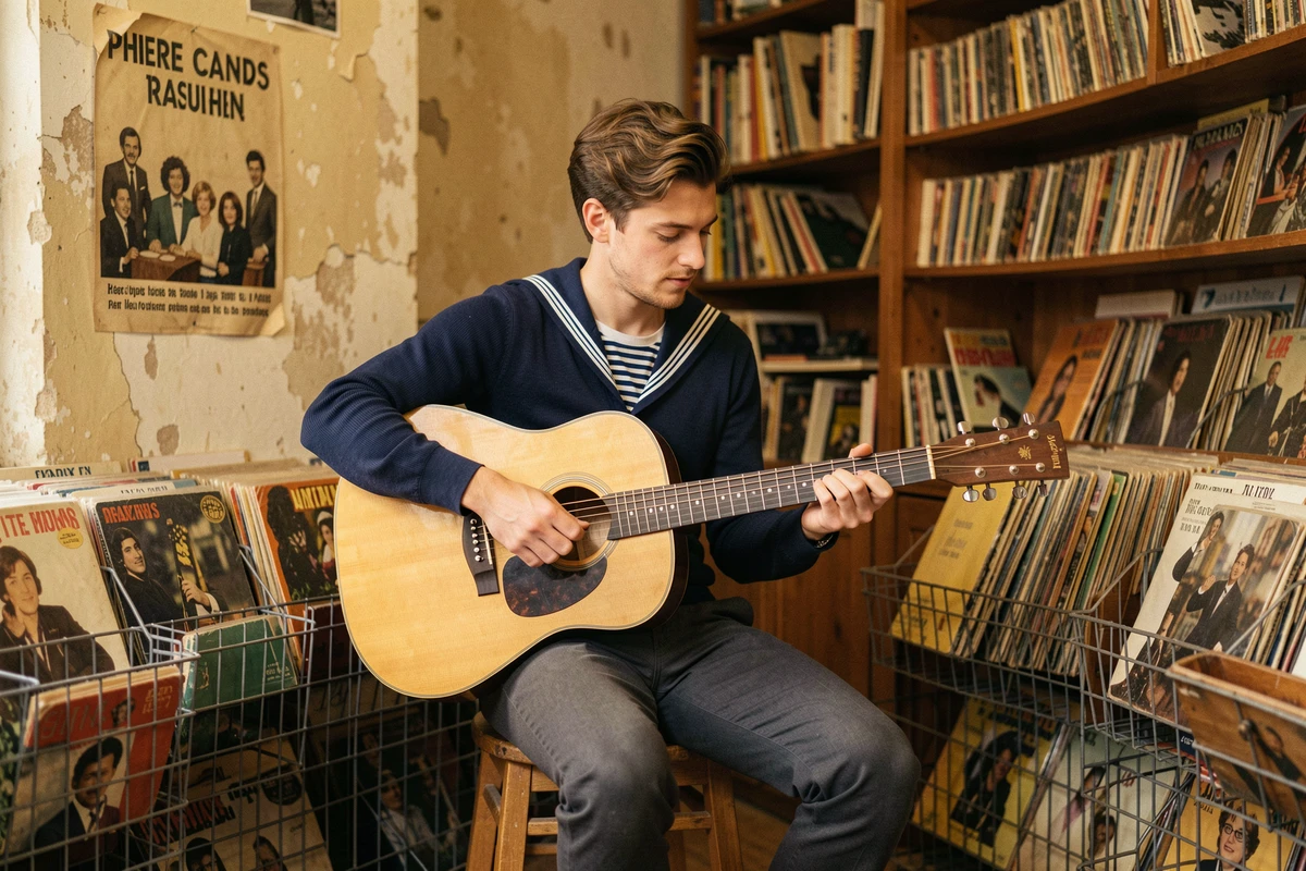 Jeune homme jouant de la guitare dans un disquaire vintage, hommage aux chansons d'amour françaises des années 60