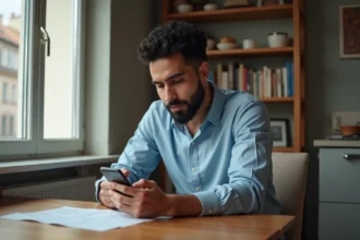 Jeune homme nord-africain pensif avec smartphone à Reims