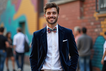 Jeune homme en veste velours navy et nœud papillon coloré