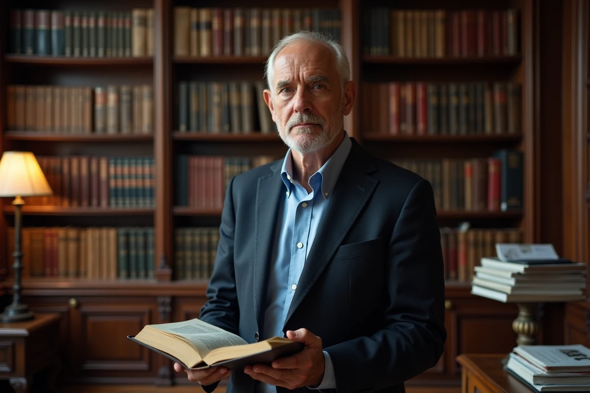 Journaliste économiste senior tenant un livre ouvert devant une bibliothèque de références économiques et politiques françaises