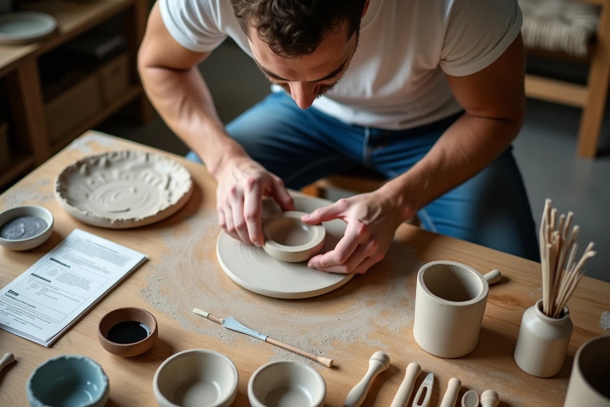 Jeune homme inspectant un kit de poterie à la maison