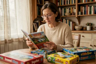 Femme lisant un guide de jeux Ouest-France à une table en bois avec des jeux de société