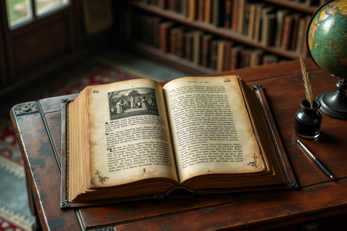 Livre ancien relié en cuir ouvert sur un bureau en chêne avec une plume et un encrier dans une bibliothèque historique, évoquant l'œuvre littéraire The Rape of the Lock d'Alexander Pope.