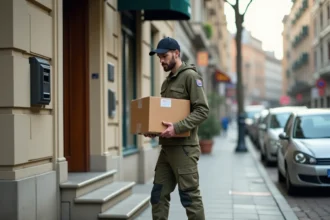 Livreur tenant un colis devant l'entrée d'un immeuble résidentiel en ville