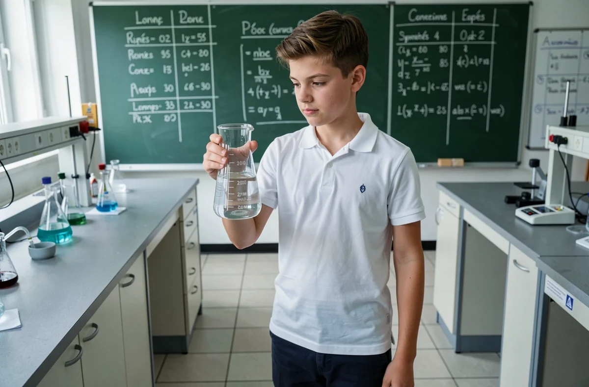 Lycéen mesurant un volume avec une éprouvette graduée dans une salle de sciences pour comprendre les conversions en cm³
