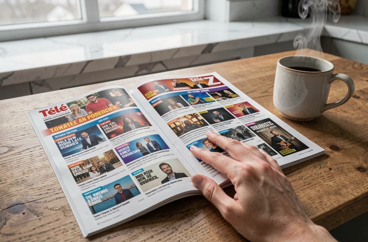 Magazine Télé Z 2026 ouvert sur une table avec grille hebdomadaire des programmes et tasse de café