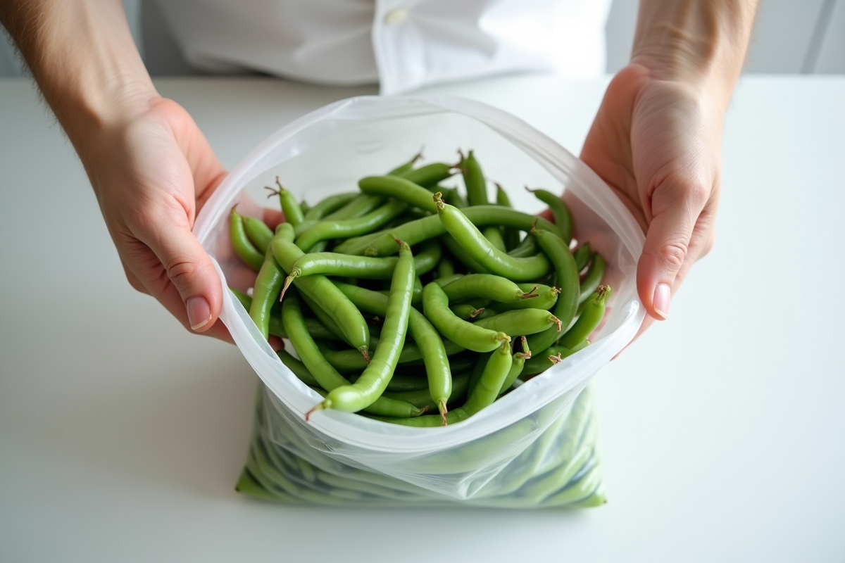 Main plaçant des haricots blanchis dans un sac de congélation