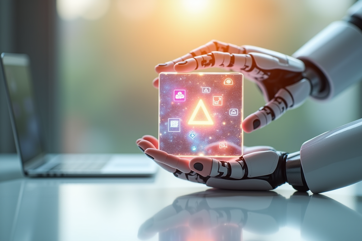Main robotique et main humaine tenant un cube d