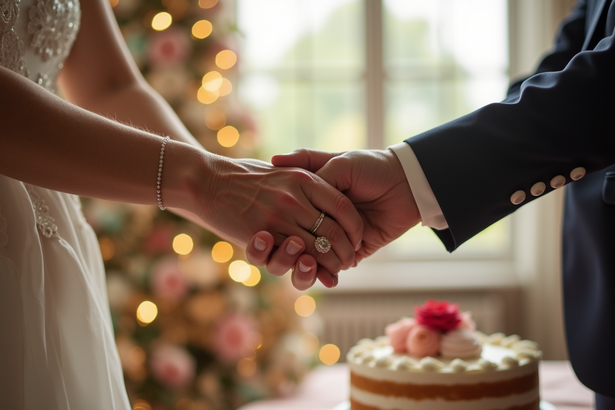 Zoom sur mains entrelacées avec bagues de mariage lors d