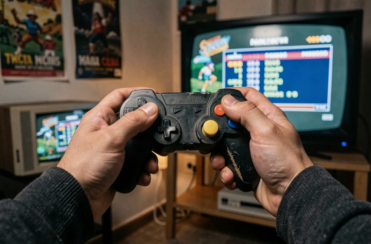 Mains tenant une manette de jeu rétro avec console et écran 4K affichant un menu de jeu classique en arrière-plan