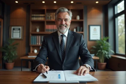 Maire en costume examinant un rapport salarial dans son bureau