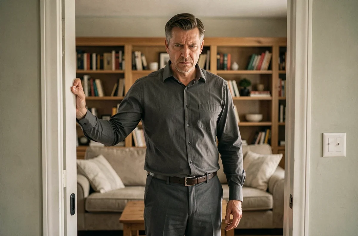 Homme dans l'encadrement d'une porte avec une posture tendue et un regard contrôlé, symbolisant la manipulation et la résistance émotionnelle d'un profil narcissique