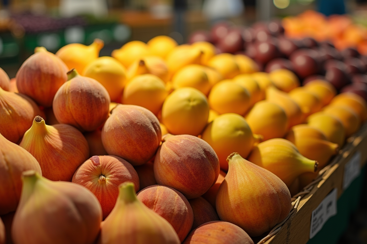 Display de fruits frais Ffruits en marché matinal