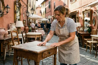 Femme examinant un meuble ancien dans un marché de brocante en Italie en plein air