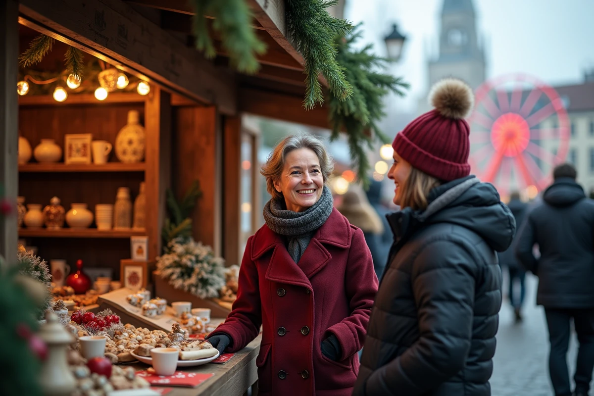 Chalet artisanal du marché de Noël de Lyon place Bellecour avec vendeur et clients en tenue hivernale