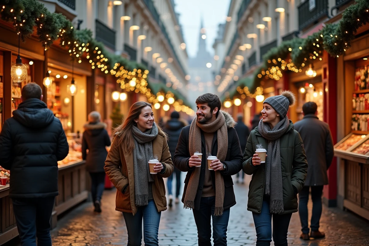 Rue piétonne de la Presqu'île à Lyon décorée pour le marché de Noël avec passants et chalets illuminés