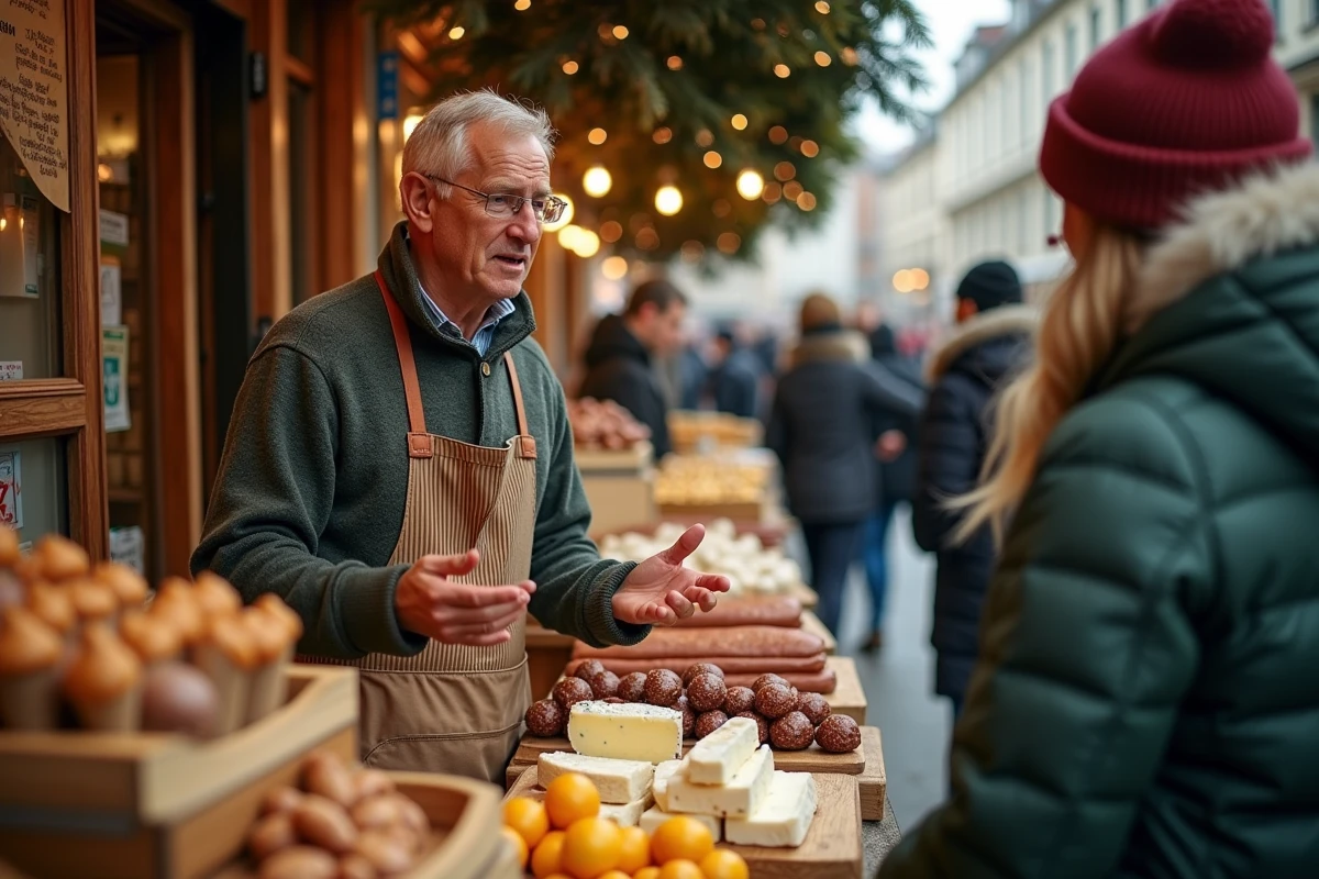 Étal de spécialités lyonnaises au marché de Noël de Lyon avec fromages canuts et châtaignes confites