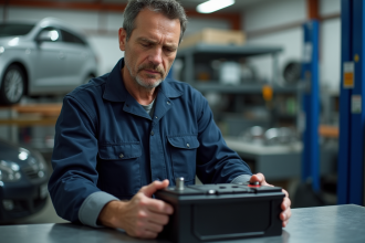 Mécanicien inspectant une batterie hybride dans un atelier