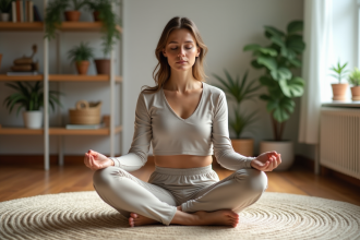Femme méditant assise sur un tapis dans un intérieur apaisant