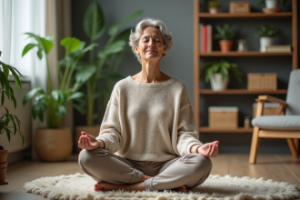 Femme méditant paisiblement dans un salon chaleureux