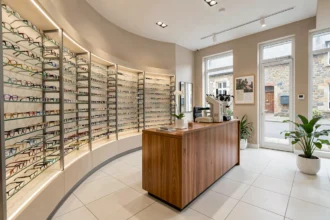 Intérieur d'une boutique d'opticien moderne en Morbihan avec des présentoirs de lunettes variés