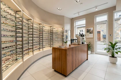 Intérieur d'une boutique d'opticien moderne en Morbihan avec des présentoirs de lunettes variés