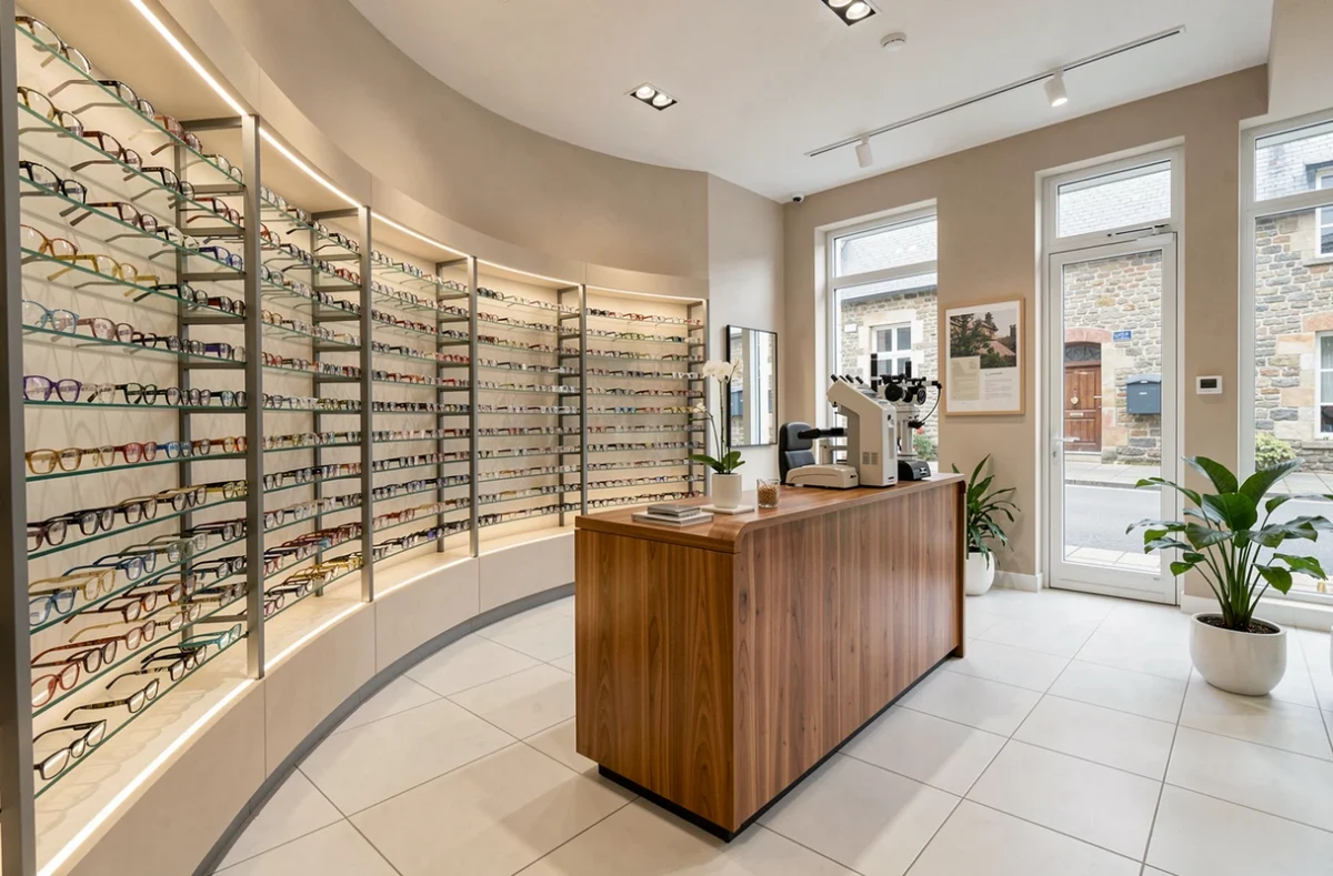 Intérieur d'une boutique d'opticien moderne en Morbihan avec des présentoirs de lunettes variés